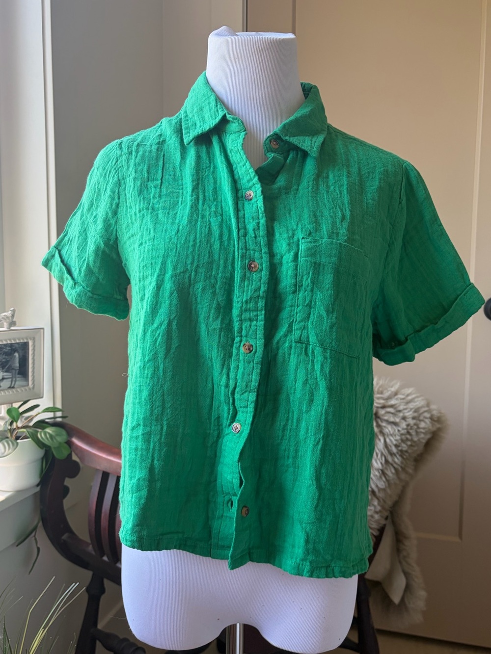 Old Navy NWT Green Short Sleeve Button Up Shirt 100% Cotton Size XS